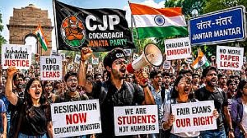 भारतमा शिक्षामन्त्री धर्मेन्द्र प्रधानको राजीनामा माग्दै कक्रोच जनता पार्टी सडकमा  